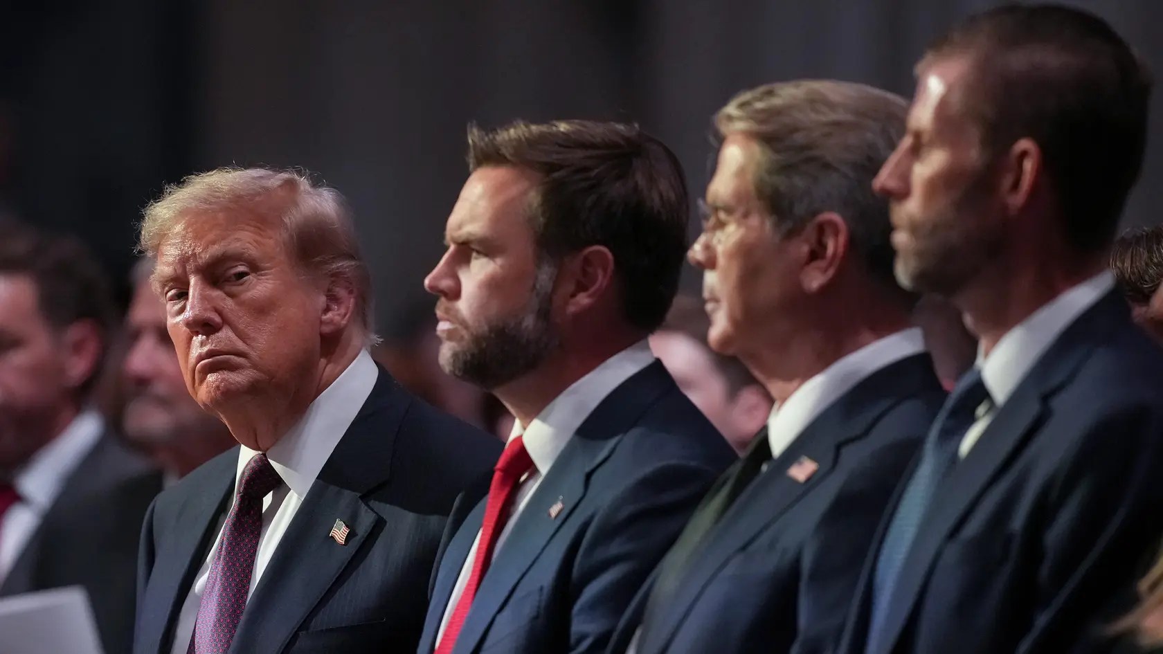 WASHINGTON, DC - JULY 28: (L-R) U.S. President Donald Trump U.S. Vice President JD Vance, U.S. Treasury Secretary Scott Bessent and  Eric Trump attend the funeral service for the late U.S. Sen. Lindsey Graham (R-SC) at the Washington National Cathedral on July 28, 2026 in Washington, DC. Graham, who was elected to the Senate in 2002, died suddenly on July 11th from an aortic dissection. He was 71 years old.  (Photo by Andrew Harnik/Getty Images)