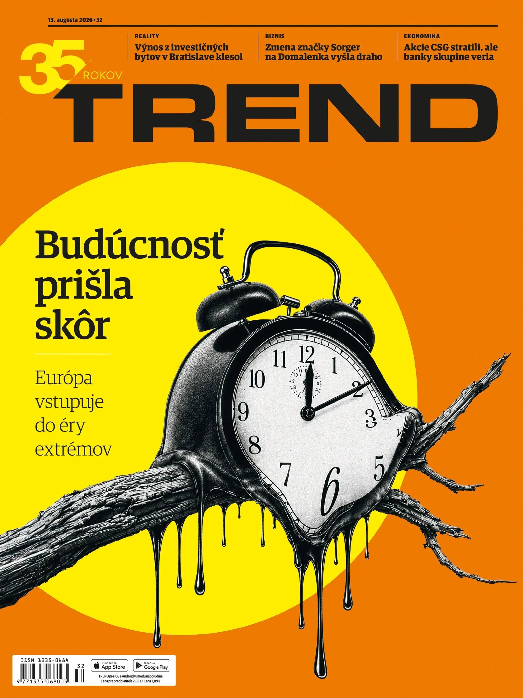Oranžová obálka časopisu TREND k 35. roku, s veľkým žltým kruhom a rozbitými hodinami na konári; nápis „Budúcnosť prišla skôr“.