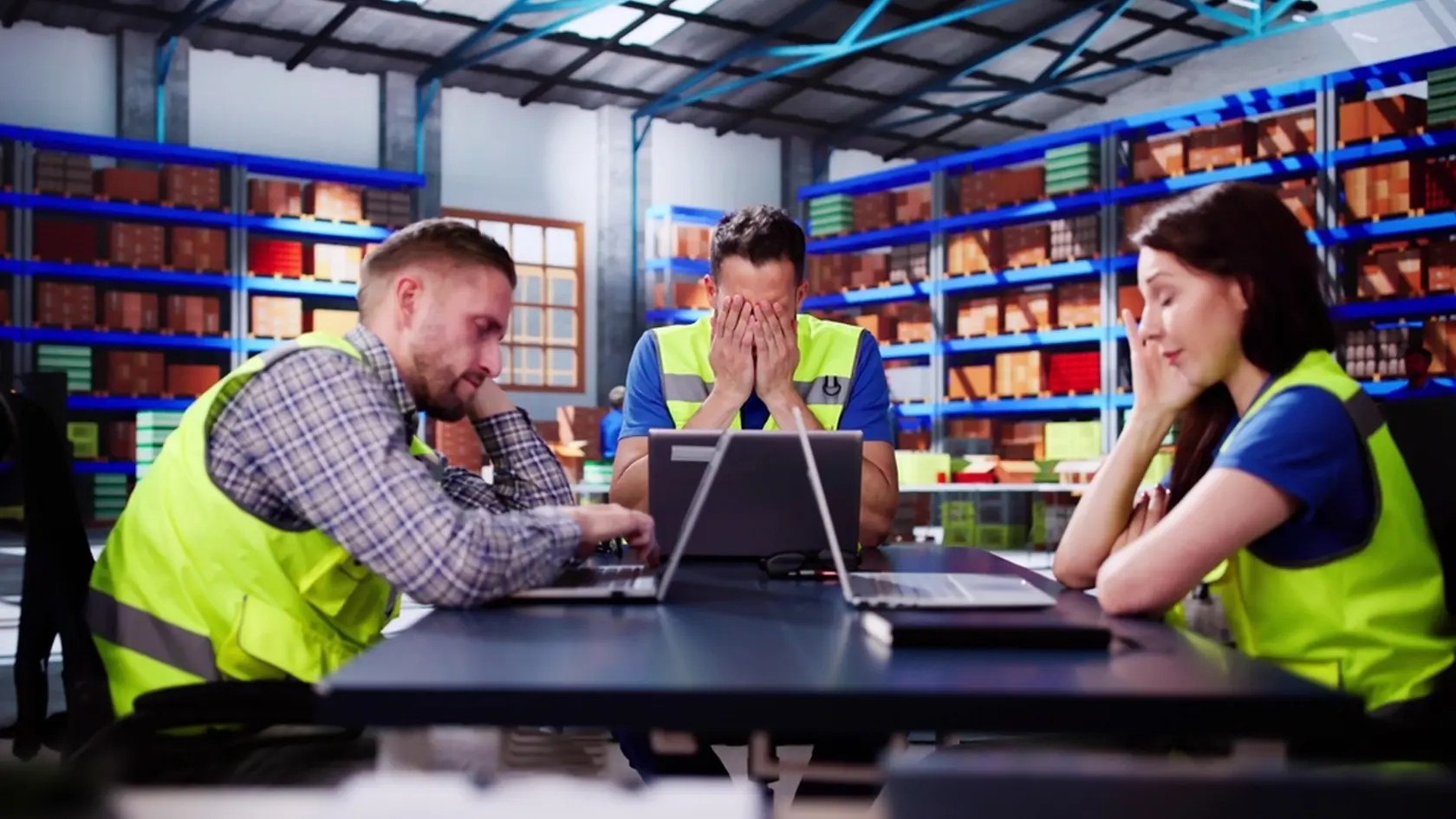 Sad,Bored,Team,At,Warehouse,Delivery,Center